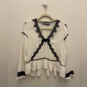 Zara Long Sleeve Blouse with Peplum, White & Black, Medium